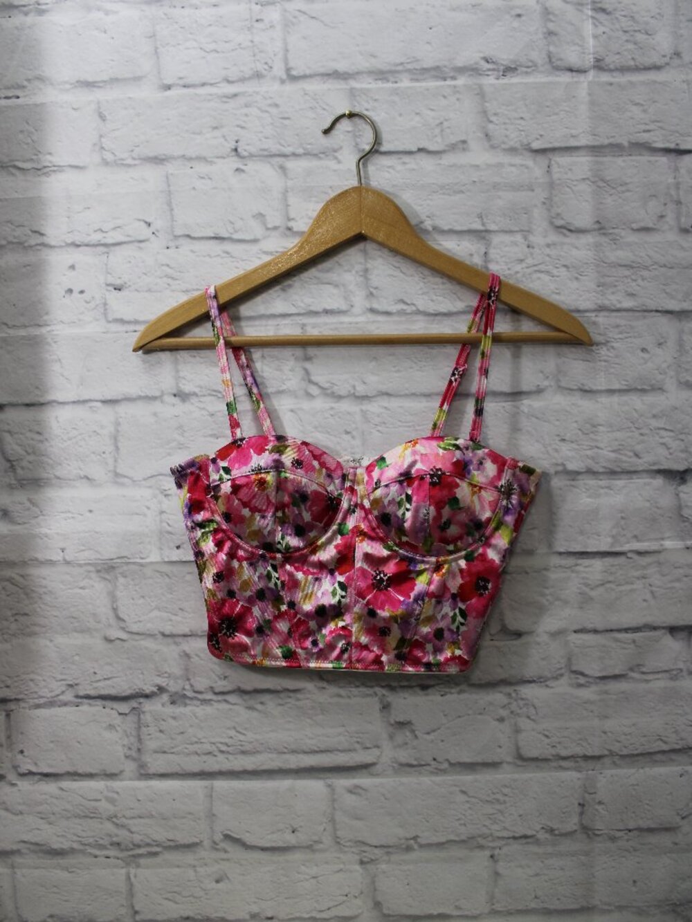 Amisu Small Pink Floral Underwire Bustier Back Zip Crop Top Summer Colorful